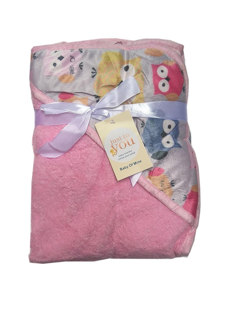 N&M - N&M Double Layer Velvet Fleece Newborn Printed Baby Blanket with Hood (Pink Owl) - Image 1