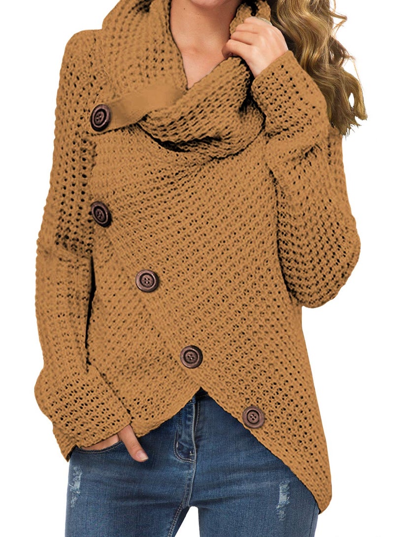 GRECERELLE Women's Fall Chunky Turtleneck Long Sleeve Asymmetric Hem Loose Knit Pullover Sweaters Tops, Light Tan, L - Image 1