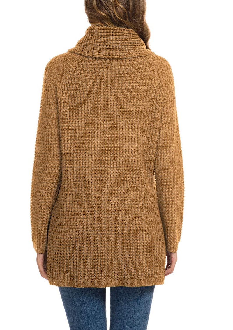 GRECERELLE Women's Fall Chunky Turtleneck Long Sleeve Asymmetric Hem Loose Knit Pullover Sweaters Tops, Light Tan, L - Image 4