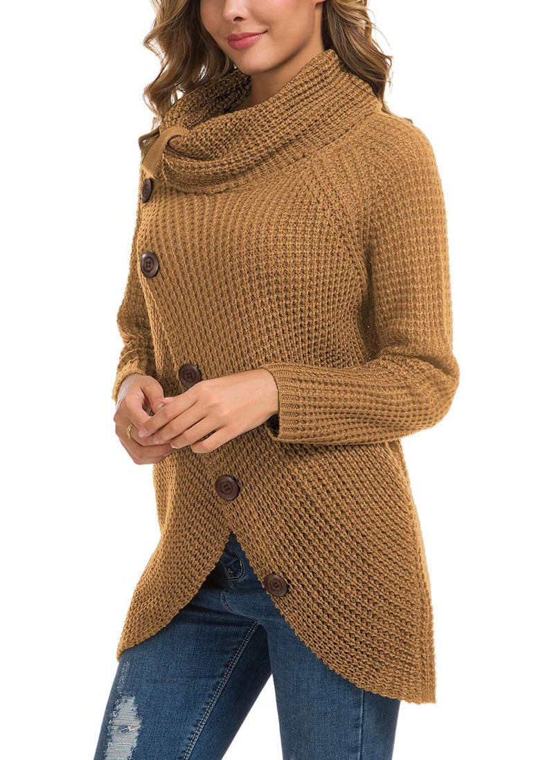 GRECERELLE Women's Fall Chunky Turtleneck Long Sleeve Asymmetric Hem Loose Knit Pullover Sweaters Tops, Light Tan, L - Image 3