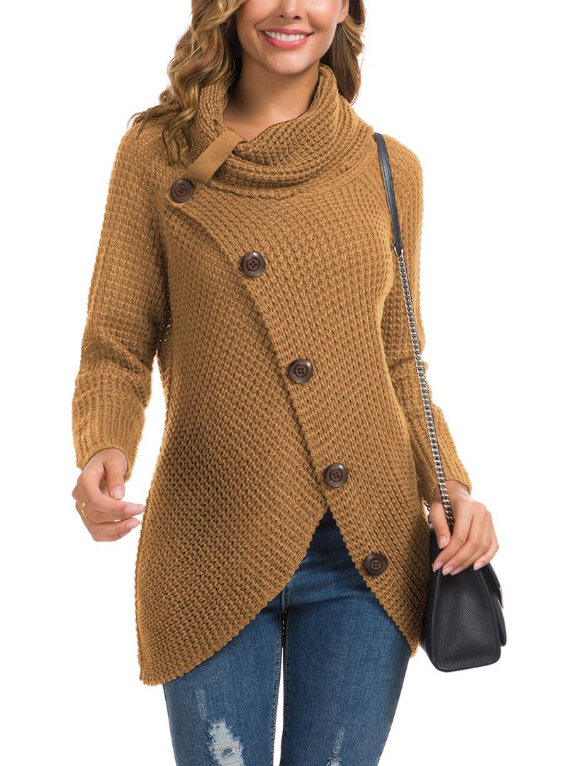 GRECERELLE Women's Fall Chunky Turtleneck Long Sleeve Asymmetric Hem Loose Knit Pullover Sweaters Tops, Light Tan, L - Image 2
