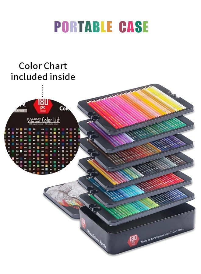كالور مجموعة أقلام الرصاص الملونة  180 للكبار الفنانين - 3.3 ملم صبغة غنية لينة الأساسية - 12 قلم رصاص معدني - قائم على الشمع - مثالي لتلوين الرسم ومزج التظليل - لون نابض بالحياة （علبة من الصفيح） - Image 2