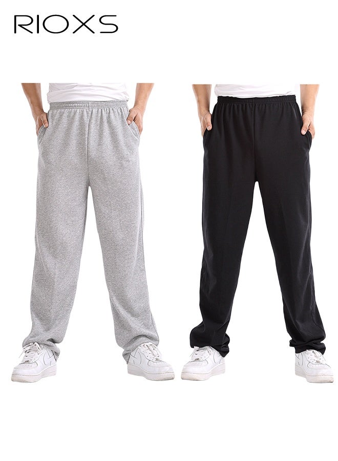 RIOXS 2Pcs Men's Cotton Sweatpants, Casual Open Bottom Straight Leg Athletic Pants, Loose Fit Elastic Waist Joggers with Zippered Pockets, Lightweight Lounge Sweat Pants for Workout Running Jogging Commuting, Black+Grey - Image 1