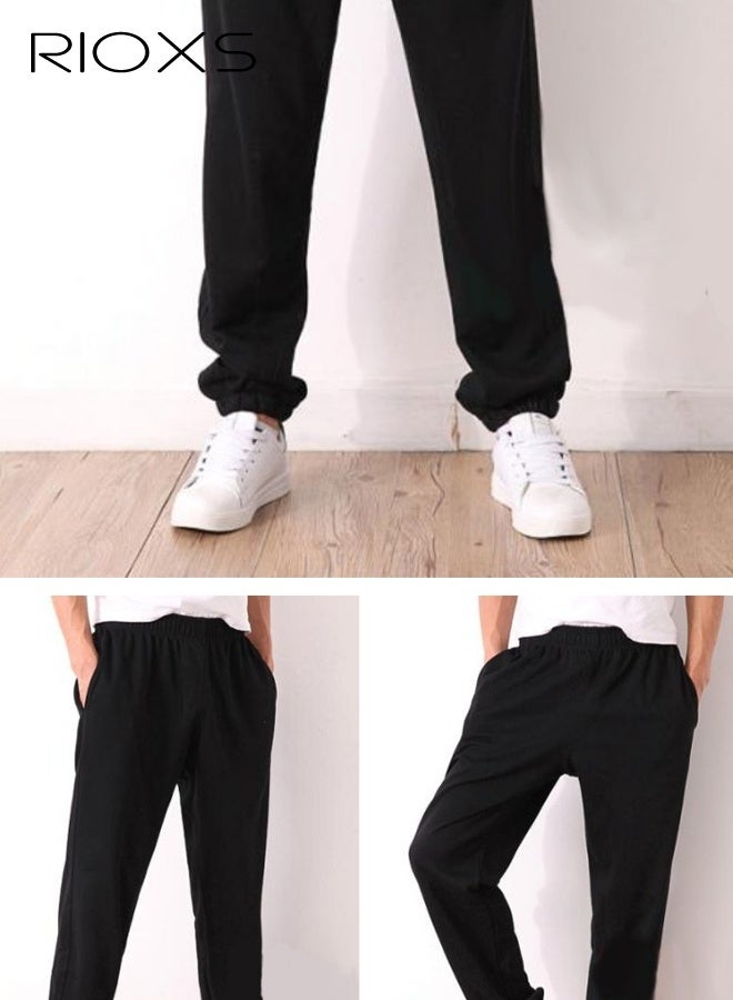 RIOXS 2Pcs Men's Cotton Sweatpants, Casual Open Bottom Straight Leg Athletic Pants, Loose Fit Elastic Waist Joggers with Zippered Pockets, Lightweight Lounge Sweat Pants for Workout Running Jogging Commuting, Black+Grey - Image 5