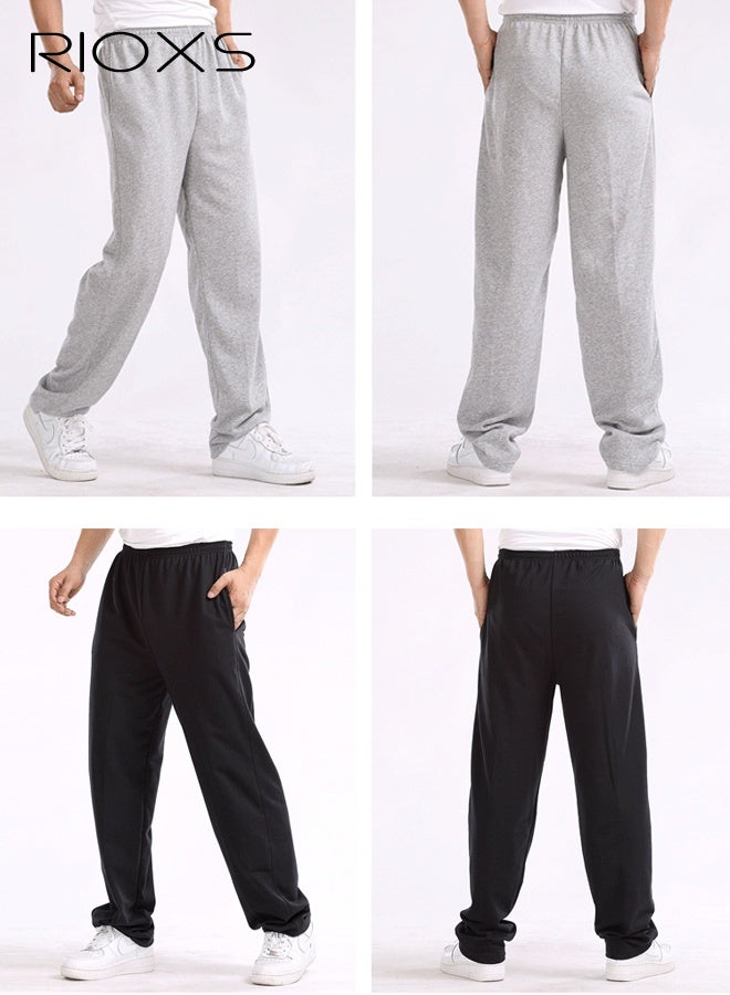 RIOXS 2Pcs Men's Cotton Sweatpants, Casual Open Bottom Straight Leg Athletic Pants, Loose Fit Elastic Waist Joggers with Zippered Pockets, Lightweight Lounge Sweat Pants for Workout Running Jogging Commuting, Black+Grey - Image 4