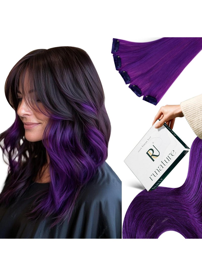 RUNATURE RUNATURE Clip in Hair Extensions Dark Purple Human Hair Clip in Extensions for Highlight 20 Inch 25g 5pcs Colored Hair Extensions for Kids Party Long Rainbow Hair Pieces 