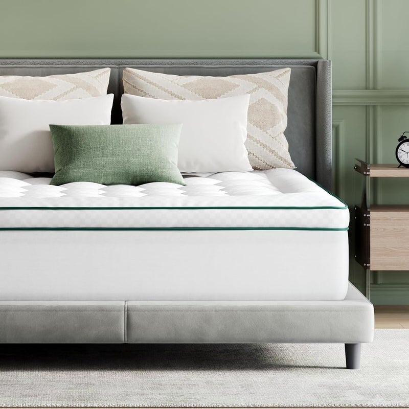 Novilla Queen Mattress Topper, Extra Thick Pillow Top - Overfilled Hotel Luxury Mattress Pad Cover for Back Pain Relief, Breathable Fluffy Down Alternative Fill, 8-21â€ Deep Pocket, Green-White - Image 1