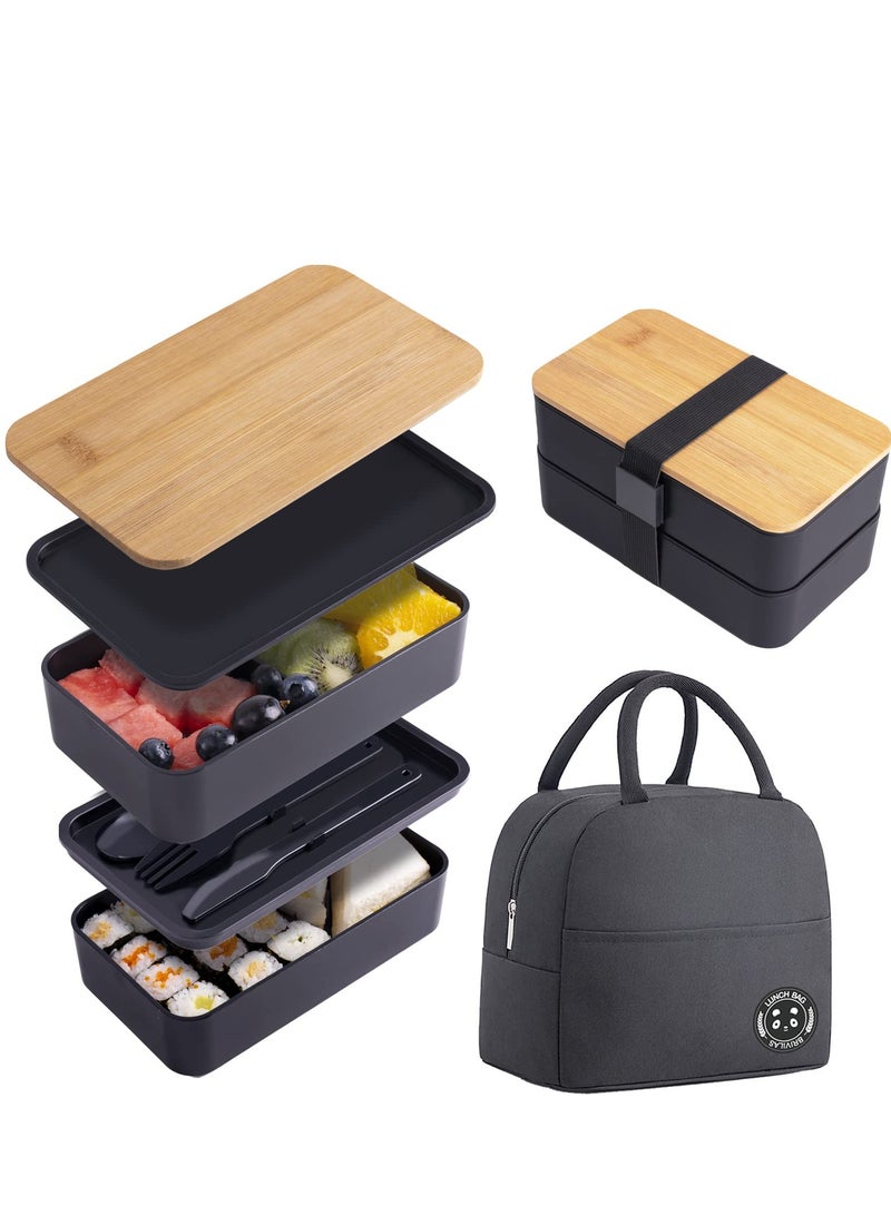 Chielor Chielor Bento Box Adult Lunch Box with lunch bag, Japanese Bamboo Bento Box with Compartments and Utensils Stackable Lunch Box with Dividers Black  - Image 1