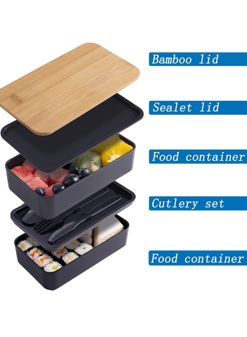 Chielor Chielor Bento Box Adult Lunch Box with lunch bag, Japanese Bamboo Bento Box with Compartments and Utensils Stackable Lunch Box with Dividers Black  - Image 2
