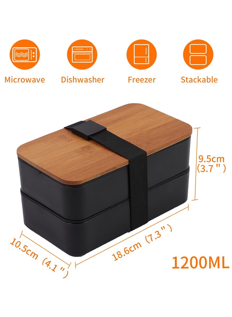 Chielor Chielor Bento Box Adult Lunch Box with lunch bag, Japanese Bamboo Bento Box with Compartments and Utensils Stackable Lunch Box with Dividers Black  - Image 4