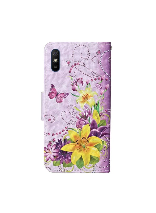 BURAQ Case Cover For Xiaomi Redmi 9A Colored Drawing Pattern Horizontal Flip Leather Case with Holder & Card Slots & Wallet(Lily) - Image 3