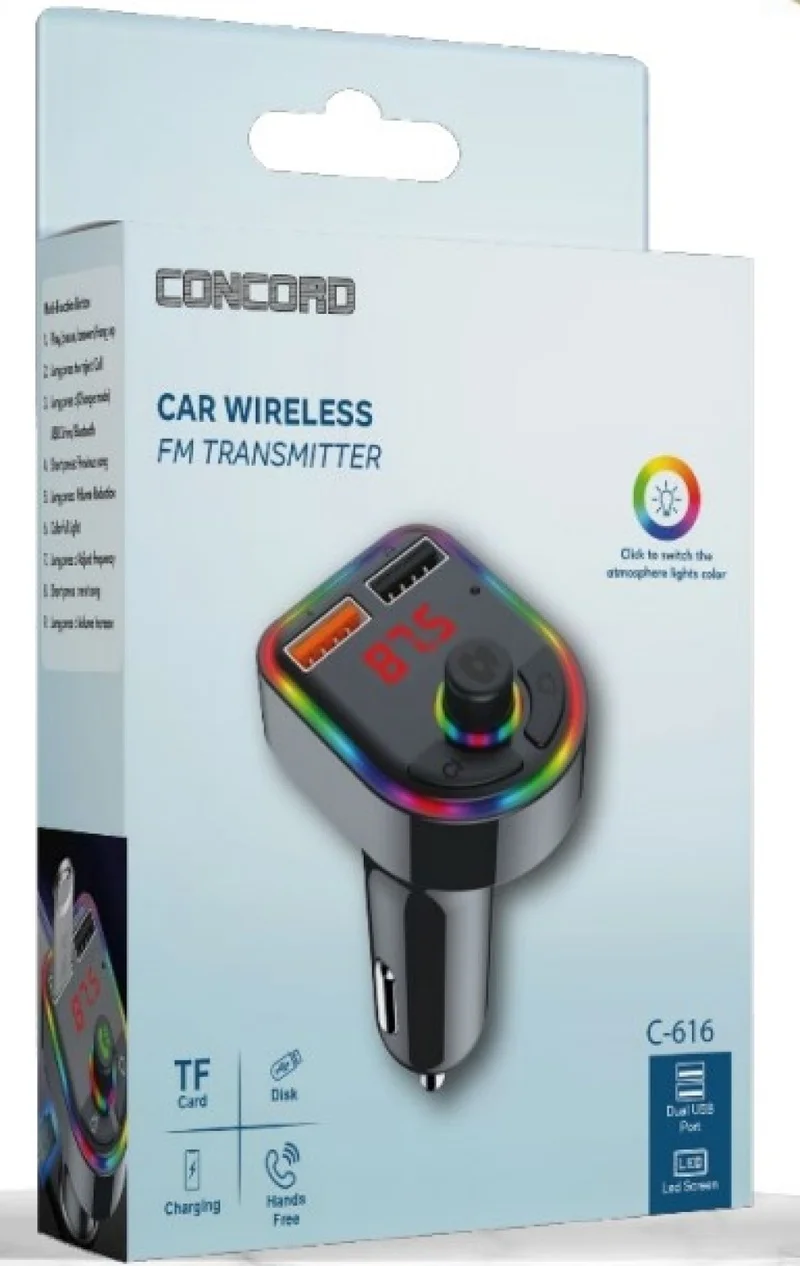 CONCORD C-616 Bluetooth Calling and Music Listening Rgb FM Transmitter with Screen Dual USB Charging Usb/tf