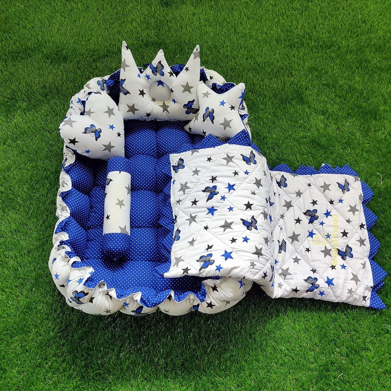 MOTHERHOOD MOTHERHOOD Rectangle Baby Tub Bed with 5 pc Baby Pillow and 1 Large Baby Blanket Luxury UltraSoft Comfortable Baby Mattress Bed Sleeper Bedding Set coSleeper for Newborn to Toddlers Blue - Image 1