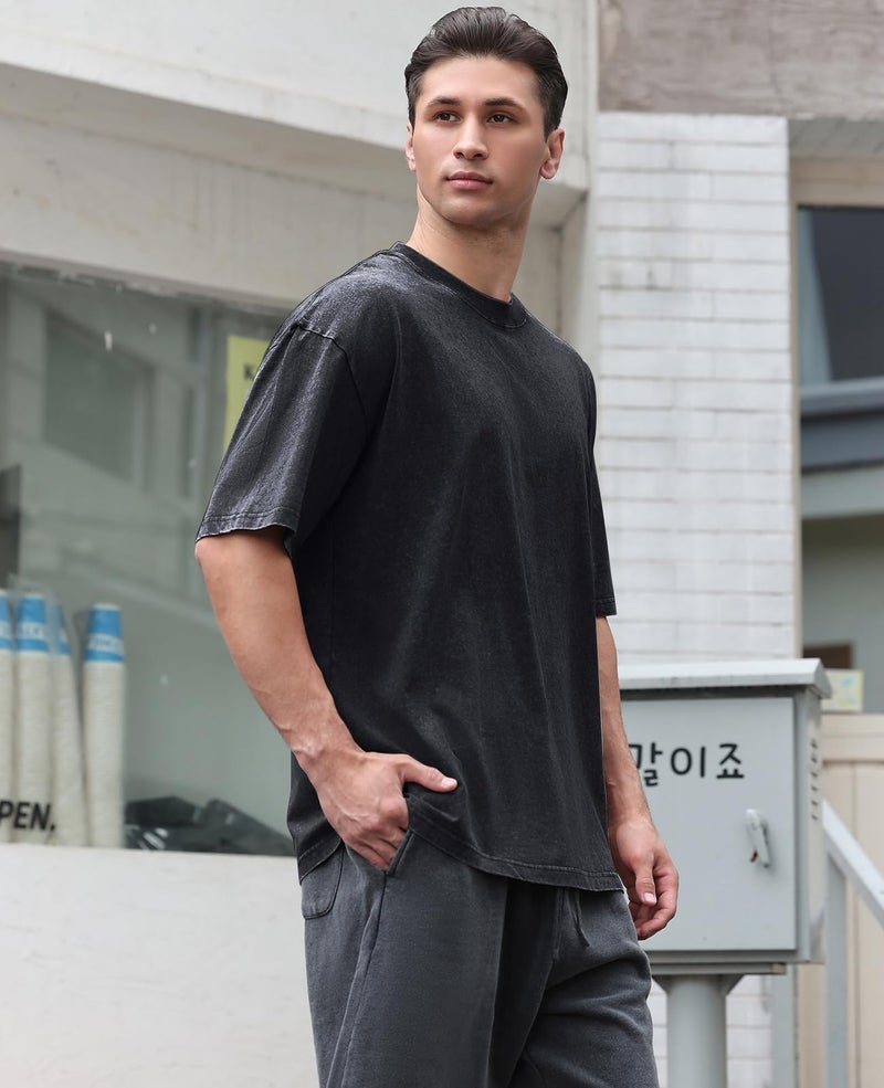 KEEPSHOWING Men's Cotton T-Shirts Oversized Unisex Short Sleeves Casual Loose Wash Solid Basic Tee Tops(B-Black M) - Image 4