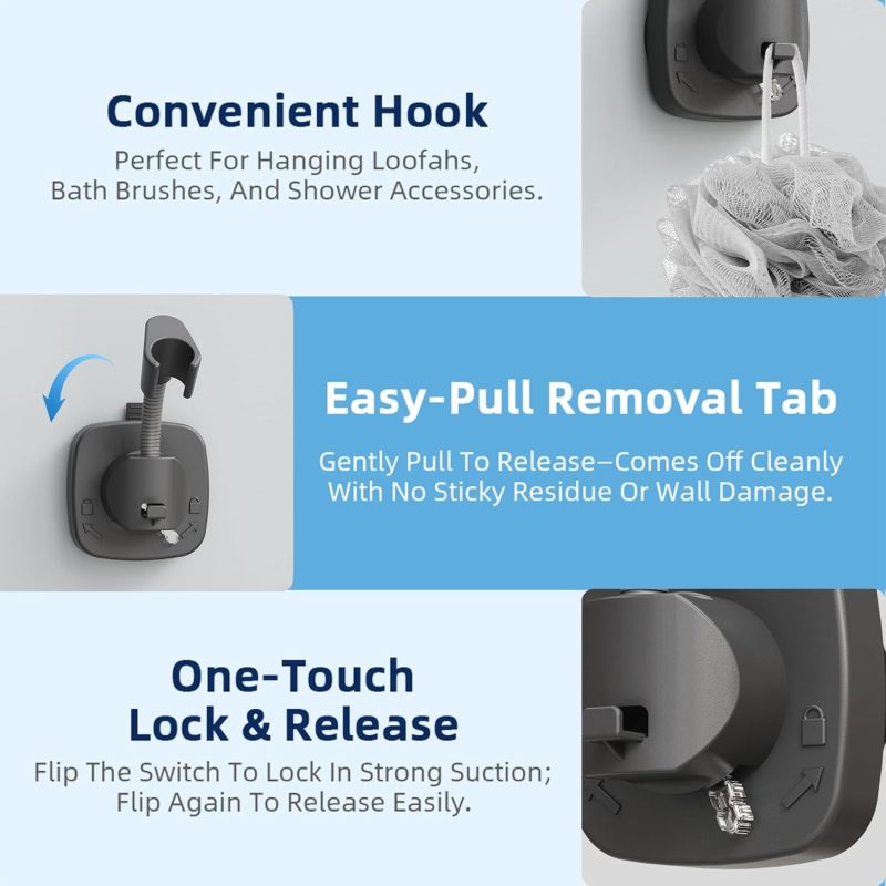 Suction Cup Shower Holder Grey Dual Strong Adhesion 360° Adjustable Shower Head Mount - Tool-Free Install Reusable Handheld Shower Bracket for Bathroom RV - Image 2