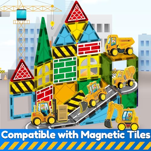 Oriate Rolling Construction Toys for Magnetic Tiles 5pcs Construction Vehicle Toys Compatible with Magnet Tiles Kids Trucks for Magnetic Building Blocks Magnetic Tiles Educational Gift Boys Girls - Image 5
