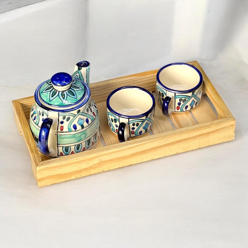 BACKKSPACE RETAIL Hand Painted Ceramic Tea Pot Set - 2 Cups (160ml), Kettle (450ml), and woodenTray | Elegant Mehrab Pattern | Perfect for Tea Lovers| Microwave & Dishwasher Safe| Ideal Gift Set - Image 1