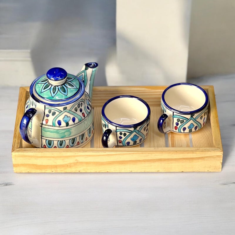 BACKKSPACE RETAIL Hand Painted Ceramic Tea Pot Set - 2 Cups (160ml), Kettle (450ml), and woodenTray | Elegant Mehrab Pattern | Perfect for Tea Lovers| Microwave & Dishwasher Safe| Ideal Gift Set - Image 2