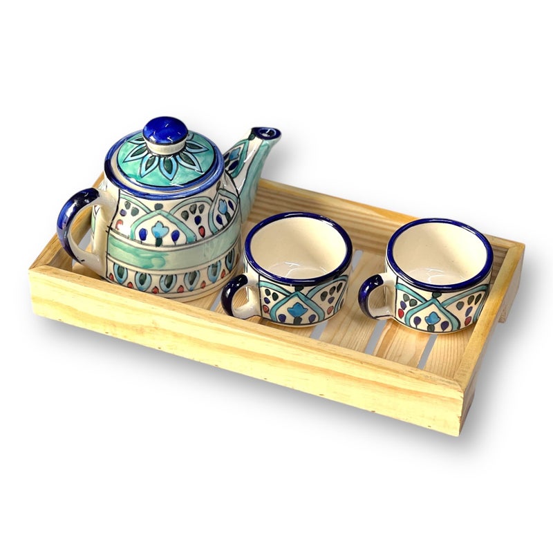 BACKKSPACE RETAIL Hand Painted Ceramic Tea Pot Set - 2 Cups (160ml), Kettle (450ml), and woodenTray | Elegant Mehrab Pattern | Perfect for Tea Lovers| Microwave & Dishwasher Safe| Ideal Gift Set - Image 5