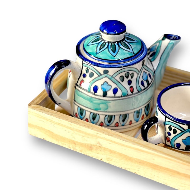 BACKKSPACE RETAIL Hand Painted Ceramic Tea Pot Set - 2 Cups (160ml), Kettle (450ml), and woodenTray | Elegant Mehrab Pattern | Perfect for Tea Lovers| Microwave & Dishwasher Safe| Ideal Gift Set - Image 4