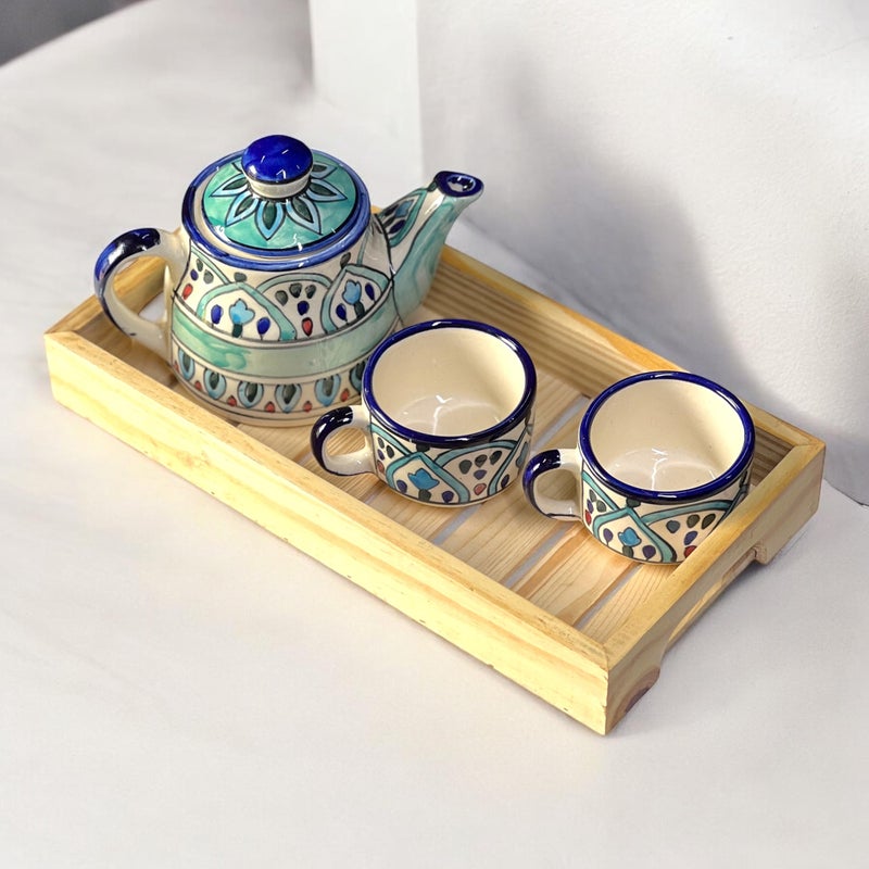 BACKKSPACE RETAIL Hand Painted Ceramic Tea Pot Set - 2 Cups (160ml), Kettle (450ml), and woodenTray | Elegant Mehrab Pattern | Perfect for Tea Lovers| Microwave & Dishwasher Safe| Ideal Gift Set - Image 3