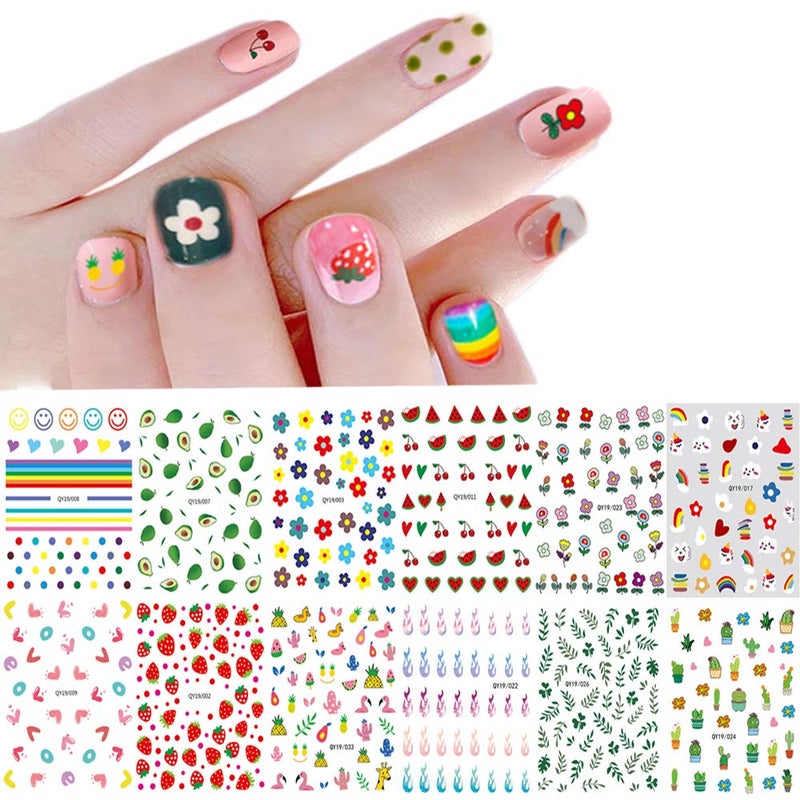 IHUKEIT Nail Stickers for Women and Little Girls - 12 Sheets 3D Self-Adhesive DIY Nail Art Decoration Set Including Flowers Leaves Animals Plants Fruits Nail Decals for Woman Kids Girls - Image 1