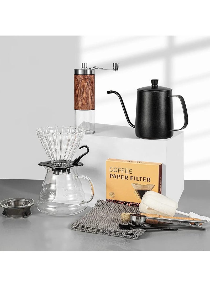 تشمل مجموعة صانع القهوة Pour Over مطحنة يدوية للقهوة + غلاية معقوفة سعة 650 مل + خادم زجاجي للتنقيط للقهوة + حاوية حبوب قهوة + ملعقة قياس + ورق 100 قطعة ، مجموعة هدايا صانع قهوة محمولة يدوية DIY - Image 3