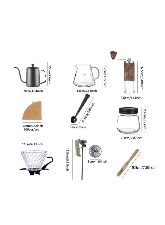 تشمل مجموعة صانع القهوة Pour Over مطحنة يدوية للقهوة + غلاية معقوفة سعة 650 مل + خادم زجاجي للتنقيط للقهوة + حاوية حبوب قهوة + ملعقة قياس + ورق 100 قطعة ، مجموعة هدايا صانع قهوة محمولة يدوية DIY - Image 4