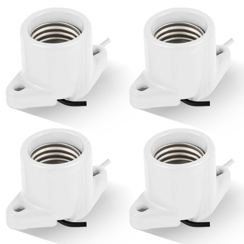 Saysurey 4 Pcs E26 Light Socket Porcelain Lamp Holder Socket Medium Keyless Threaded Base with Two Hole Flange Mounting and 6" Wire Indoor Garage Closet Lighting - Image 1