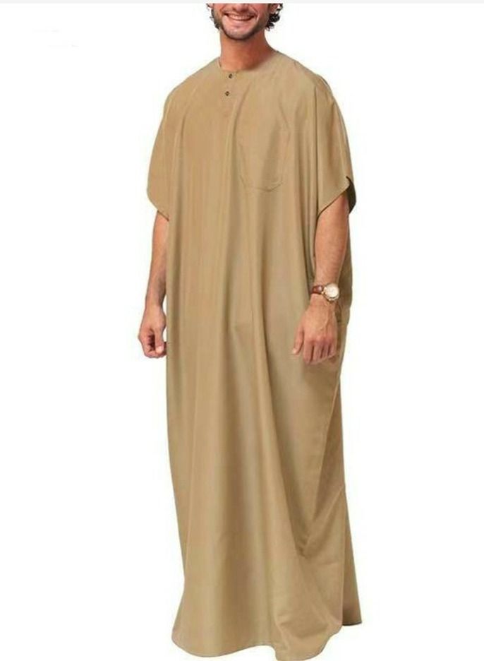 Loquat Men's Muslim Solid Color Loose Robe Thobe Short Sleeve Side Split Kaftan Khaki  - Image 1