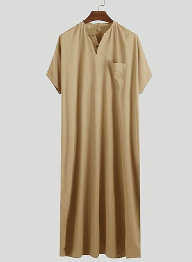 Loquat Men's Muslim Solid Color Loose Robe Thobe Short Sleeve Side Split Kaftan Khaki  - Image 2