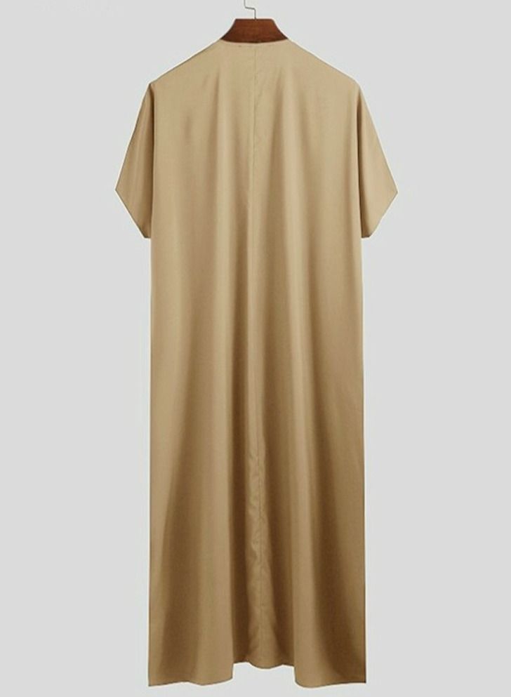 Loquat Men's Muslim Solid Color Loose Robe Thobe Short Sleeve Side Split Kaftan Khaki  - Image 3