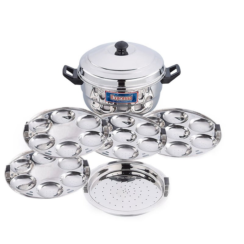 Expresso Stainless Steel Induction Base Standard Idly Cooker Patra w/Plain Bottom(4 Plates / 26 Idlis, 1 Steamer)