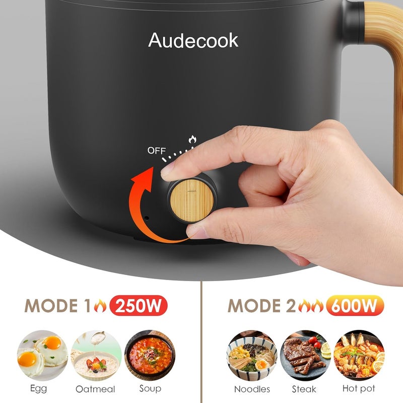 Audecook قدر كهربائي أوديكوك مع مبخرة، سعة 1.5 لتر، محمول، غير لاصق، صغير متعدد الوظائف، مقلاة كهربائية للسفر مع تحكم مزدوج في الطاقة لنودلز الرامن/المعكرونة/البيض/الحساء/الشوفان (أسود) - Image 5