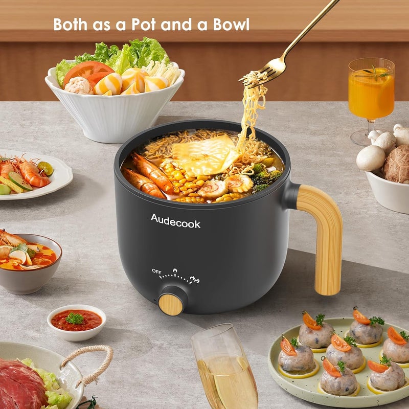 Audecook قدر كهربائي أوديكوك مع مبخرة، سعة 1.5 لتر، محمول، غير لاصق، صغير متعدد الوظائف، مقلاة كهربائية للسفر مع تحكم مزدوج في الطاقة لنودلز الرامن/المعكرونة/البيض/الحساء/الشوفان (أسود) - Image 3