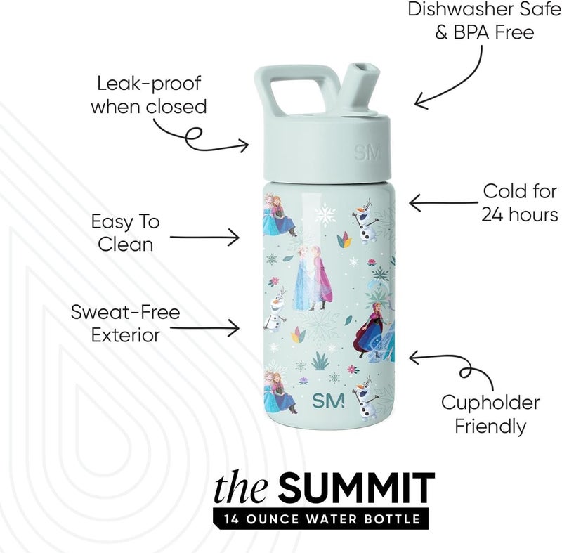 Simple Modern Disney Frozen Kids Water Bottle with Straw Lid | 14oz Insulated Stainless Steel Kids Tumbler & Spill Proof Toddler Cup for School, Girls, Boys | Summit | Frozen Swirls - Image 1