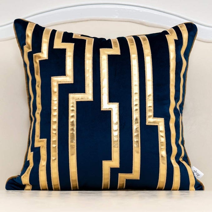 Gold Leather Striped Navy Blue Throw Pillow Cover 18x18 Inch Geometric Luxury Decorative Embroidered Velvet Pillow Cover for Couch Living Room Bedroom