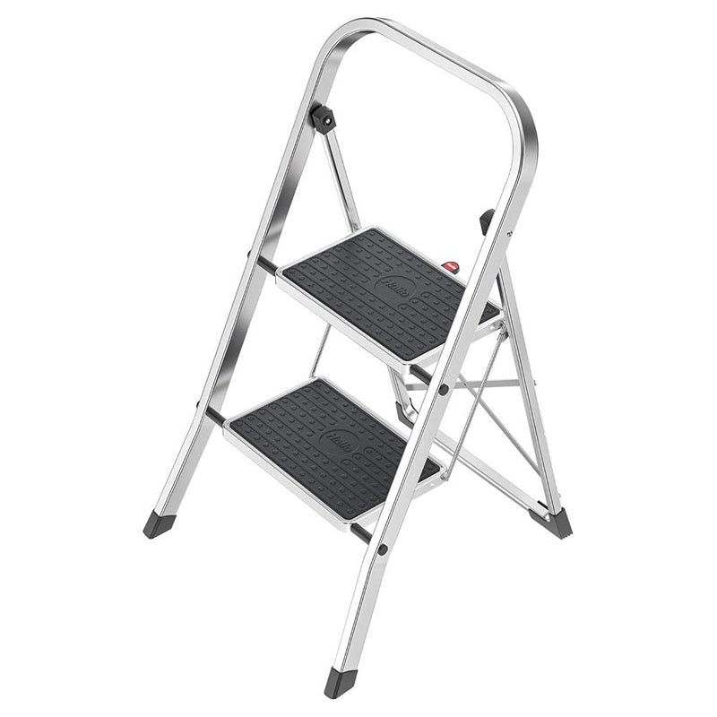 HAILO K70 StandardLine 2Step Ladder Foldable Steel Step Stool with Safety Lock Wide NonSlip Mats 330 lb Capacity Compact Storage Carry Handle Stable for Home Kitchen Office Silver