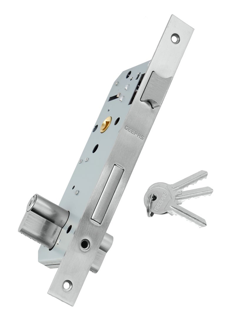 GEEPAS - Geepas Sash Lock with Double Cylinder GHW65088, High Quality Door Lock with Key, Door Lock without Handle Perfect for Home & Office, Stainless Steel Latch Bolt and Dead Bolt, Three Keys Included - Image 1