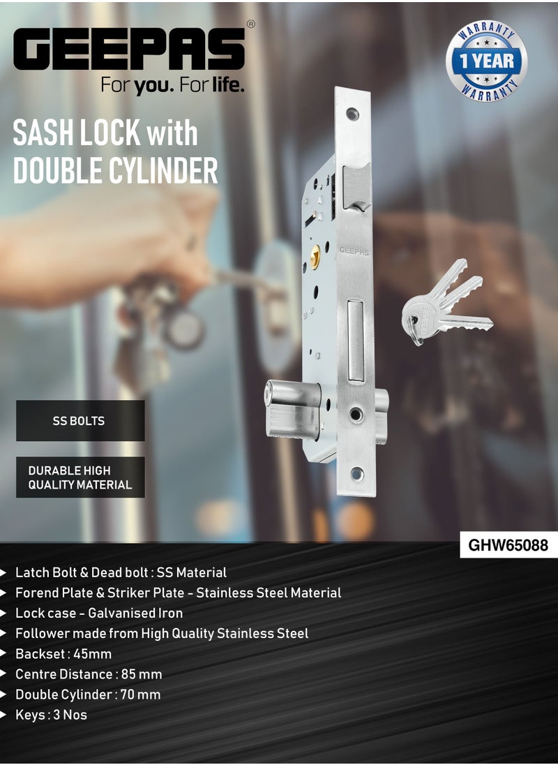 GEEPAS - Geepas Sash Lock with Double Cylinder GHW65088, High Quality Door Lock with Key, Door Lock without Handle Perfect for Home & Office, Stainless Steel Latch Bolt and Dead Bolt, Three Keys Included - Image 1