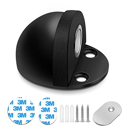 HUTLON Door Stop, Self Adhesive Magnetic Door Stopper, No Drilling, Brushed Satin Black Soft-Catch Floor Door Holder, Stainless Steel Door Stop, Dome Shaped - Image 1