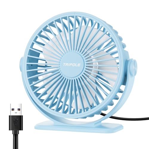 TriPole Small Desk Fan USB Powered Mini Portable Fan, 3 Speeds Strong Breeze Electric Fans, 360° Rotation Quiet Plug In Personal USB Cooling Fans for Desktop Bedroom Office Table Travel Cruise, Blue - Image 1