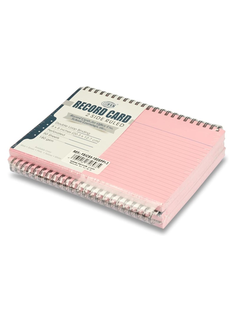 FIS بطاقات تسجيل مروسة FIS® حجم: 8"x5" بوصة (203x127 مم) تجليد حلزوني مزدوج، جانبين مروسان، 180 جرام، مثقبة، 50 ورقة لكل دفتر، عبوة من 3 قطع، لون وردي - FSIC85-180SPPI-3 - Image 2
