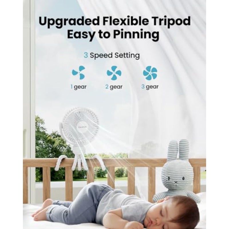 Mini Portable Stroller Fan, Battery Operated Small Clip on, Detachable 3 Speed Rechargeable, 360° Rotate Flexible Tripod Better Cooling for Car Seat Crib Treadmill Travel - Image 3