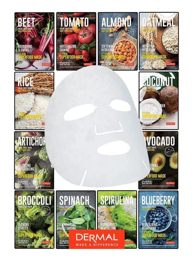 DERMAL Super Food Face Masks Skincare 12 Pack Facial Sheet Mask For A Glowing Refreshing Skin Moisturizing Sheet Masks For Face Enriched With Natural Ingredients For All Skin Types  - Image 1