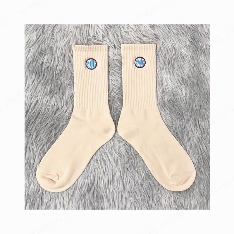 Generic Trendy Brand golf Circle Embroidered Socks ins Men and Women Street Trendy Hip-Hop Skateboard Sports Middle Tube Pure Cotton Socks Rice White
