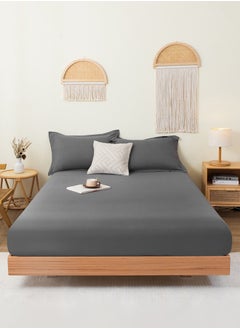 ULHYC Home Essential Fitted sheet set/3 King size -  100% Cotton Light Weight Everyday Use 144 TC High Quality 1 Bed Sheet 180x200+33cm, 2 Pillow Case 50x75cm - Grey Cotton Dark Grey  - Image 1