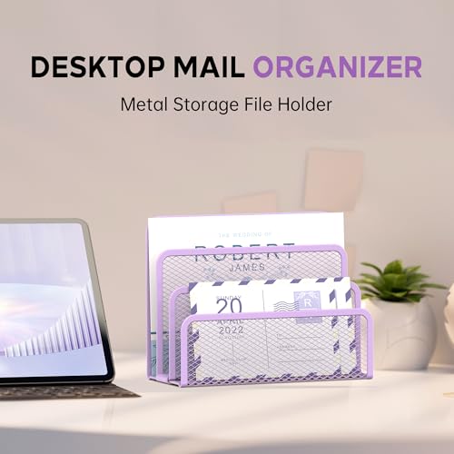 SUPEASY Mail Organizer for Desk, Mesh Metal Mail Holder Countertop with 3-Slot, Letter Sorter File Holder, Office Envelope Organizer for Mails (Purple) - Image 5