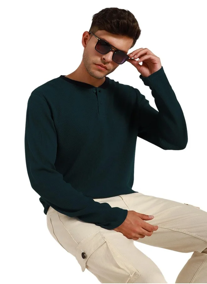 دينيس لينغو Teal Slim Fit Solid Henley Neck T-shirt for Men - 100% Cotton, Full Sleeve, Casual