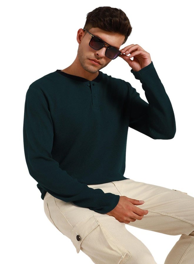 Dennis Lingo Teal Slim Fit Solid Henley Neck T-shirt for Men - 100% Cotton, Full Sleeve, Casual - Image 1